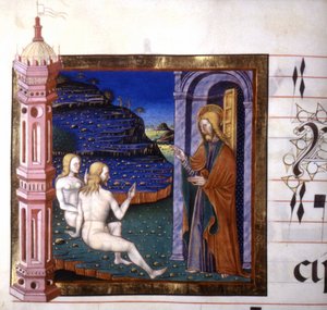 Miniatura retratando a criação de Adão e Eva por Deus. Antifonária. Biblioteca de Lodi, século XV. de Unknown artist