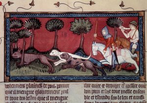 Caça à raposa em miniatura a partir de manuscrito fr. 1297 "Livro do Rei Modus e da Rainha Ratio" de Henri de Ferrieres (século XIV) de Unknown artist