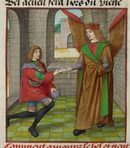 Miniatura de Amour (Amor) entregando uma carta a um mensageiro, de 
