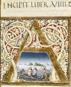 Miniaturas representando sirenes. Lettrine "A" - in "Naturalis Historiae" de Pliny the Ancian (23 - 79), ed. 1480.Victoria & Albert Library de Unknown artist
