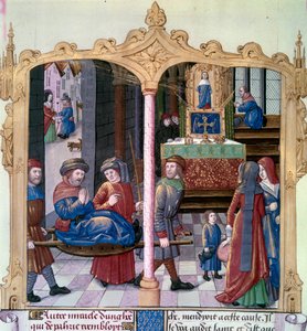 Milagres de Saint Louis: O Rei Luís IX (1214-1270) guerreou um paralítico. Miniatura de um manuscrito "The Book of Facts Monsignor Saint Louis", século XV. Paris, B.N. de Unknown artist