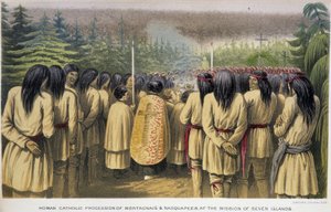Missão das Sete Ilhas: Procissão católica de Montagnais e Nasquapees na Casa das Sete Ilhas - em "Exploration of the Labrador Peninsula" por Hind, Londres de Unknown artist