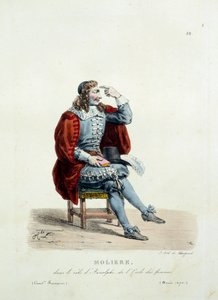 O traje de Moliere no papel de Arnolphe na peça "A escola das mulheres", em 1670. Traje de comédia francesa de Hippolyte Lecomte (1781-1857). Gravura do século XIX. Coll. Vamos. de Unknown artist