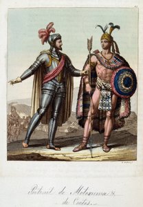 Montezuma II, rei asteca, e Hernán (ou Hernando) Cortes ou Fernand Cortez (1485-1547), conquistador espanhol - em "O traje antigo e moderno" de Ferrario, ed. Milão de Unknown artist