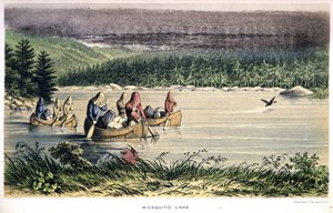 O Lago Mosquito no Canadá: Canoagem dos índios através do lago com redes mosquiteiras na cabeça - em "Exploration of the Labrador Peninsula", por Hind, Londres de Unknown artist
