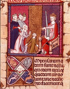 Mãe e filho comparecem perante um rei, representante da Miniatura de Justiça tirada de "Justiniani in Fortiatum" Biblioteca Real do Mosteiro do Escorial (Escorial), Espanha, século XIV de Unknown artist