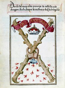 Lema dos Duques de Borgonha. Página manuscrita retirada da "Colecção de devoção da Rainha Joana o Folle (1479-1555) de Espanha" de Pedro Marcuello ("Devocionario de la Reyna Da Juana a Quien Llamaron la Loca") Chantilly do século XV, Musee Conde de Unknown artist