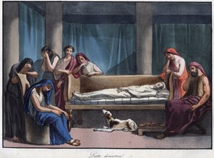 Luto numa casa romana - gravura de "Usos e costumes de todos os povos do Universo". Ou História do governo, leis, milícias, religião de todas as nações desde os tempos mais remotos até aos dias de hoje" 1856 de Unknown artist