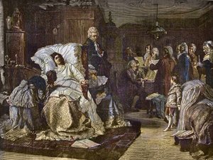 Os últimos dias de Mozart após a pintura de Hermann Kaulbach (1846-1909) - Gli ultimi momenti di Mozart - último dia por Wolfgang Amadeus Mozart - gravura no ilustre jornal semanal "Música Popular" - 1882 de Unknown artist