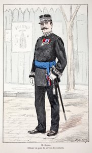 Sr. Roudil, oficial de paz do serviço de carros. Gravura colorida, para ilustração do livro "Histoire du corps des gardiens de la paix" publicado sob os auspícios de Louis Lepine (1846-1933) prefet de police de la Seine, de Alfred Rey (1864-?) e Lo de Unknown artist