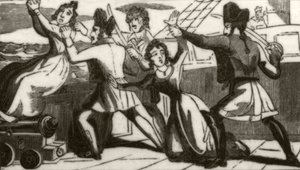 "Sra. Glass e sua filha implorando aos piratas para salvar suas vidas", c.1836 de Unknown artist