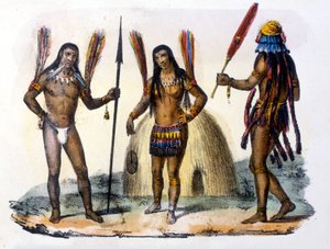 Mundrucu e índios Jivaros no Equador. Gravura de 1846-48. de Unknown artist