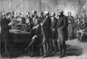 Concurso musical da cidade de Paris, em 1878. O júri do Palais du Luxembourg examina as notas de "Pardis lost" e "Mug". Da esquerda para a direita: Coluna, Perrin, Cherouvrier, Gounod, Boulanger, Camille Saint Saens (Saint-Saens), Lenepveu, vaucorbe de Unknown artist