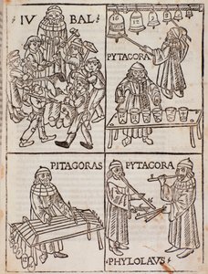 Teorias musicais de Pitágoras. Página retirada de Theorica Musicae por Franchino Gaffurio de Unknown artist