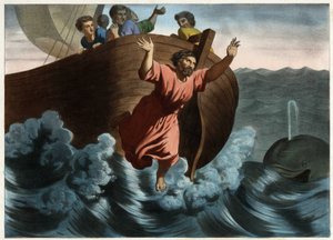 Nomeado responsável pela tempestade que ameaçava a nave, Jonas sugeriu que ela fosse jogada ao mar. Deus enviou um peixe que engoliu o profeta. Gravura anónima de meados do século XIX. de Unknown artist