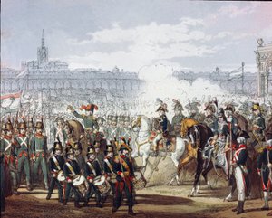Napoleão Bonaparte (1769-1821) faz uma revisão da legião Lombard e Cispadan da milícia em 07/09/1797 Gravura em aquarela. Milão, Museo del Risorgimento de Unknown artist