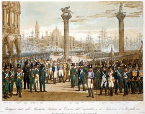 Napoleão I em Veneza em 29 de Novembro de 1807 em frente à Marinha italiana. Gravura de 1845 de Unknown artist