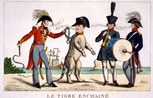 Napoleão I num tigre acorrentado, segurado por um oficial britânico com um chicote. Rússia e Áustria tocando música aqui ao lado. Desenho animado de 1815. de Unknown artist