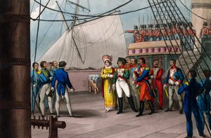 Napoleão confia na Fé Britânica - Napoleão Bonaparte a bordo do Bellerophon o navio britânico que o levou ao exílio em St. Helene (St. Helene) em 15 de Julho de 1815 - Napoleão o Grande, entregando-se à generosidade da nação britânica; em javali de Unknown artist