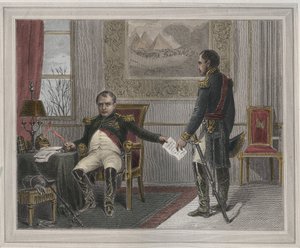 Napoleão assinando sua Abdicação 1814 - Napoleão Bonaparte (1769-1821) em Fontainebleau durante sua primeira abdicação, assinada em abril de 1814 Gravação em "Les Fastes populaires, ou Histoire des actes heroiques du peuple et de son influence sur les scie de Unknown artist