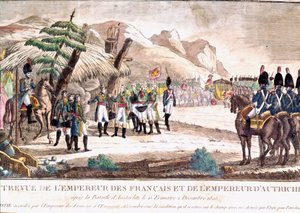 Guerra Napoleónica: Napoleão I encontra o Imperador Francisco II após a Batalha de Austerlitz em 2/12/1805. Gravura do século XIX. de Unknown artist