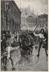 A abdicação de Napoleão incentiva motins em Milão, e Giuseppe Prina, o impopular ministro das Finanças, é arrastado pelas ruas e finalmente morto pela máfia na Piazza San Fedele, em Milão, no dia 20 de abril. de Unknown artist