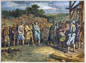 População nativa da América: índios. Os colonos conheceram Massasoit (1590-1661) também conhecido como Ousamequin "Yellow Feather" chefe da tribo Wampanoag, Colônia Plymouth, anos 1620. O líder dos Wampanoag Massasoit visitou os colonos em Plymouth de Unknown artist