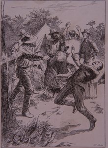Ned Kelly mata policial Lonigan no Stringybark Creek em 1878 (gravura) de Unknown artist