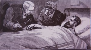 Ned Kelly jaz ferido no hospital da prisão em Melbourne após ter sido capturado pela polícia em 28 de junho de 1880 (gravura) de Unknown artist