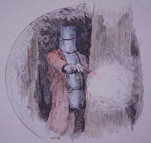 Ned Kelly usando a sua armadura caseira, em confronto com a polícia (gravura colorida à mão) de Unknown artist