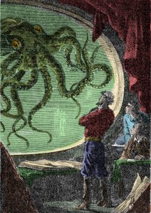Ned Land, o Professor Aronnax e o seu criado Conselho olham para o Polvo Gigante através da viga do submarino Nautilus Engraving do livro de Júlio Verne "Vinte mil léguas debaixo dos mares" (Vinte mil - 20.000 - 20000)