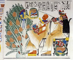 Nefthys, deusa egípcia, brota da árvore mística e oferece alimento ao falecido - em "Monumentos do Egito e da Núbia Superior" de Ippolito Rosellini (Rossellini). Século XIX. de Unknown artist