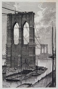 Nova lorque: Estacas da Ponte do Brooklyn em construção - em "The World Tour", 2º semestre de 1881 de Unknown artist