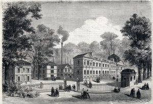 Novo edifício da fábrica de porcelana imperiosa em Sevres, em 1868. Gravura em "L