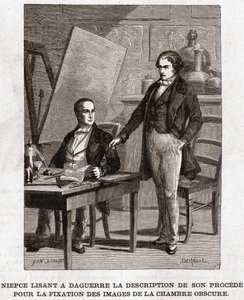 Niepce lendo para Louis Daguerre a descrição da Heliografia, para a fixação de imagens da câmara obscura - Nicephore Niepce (1765-1833), inventor francês, pioneiro da leitura fotográfica para Daguerre a descrição do seu método de fixação das imagens de Unknown artist