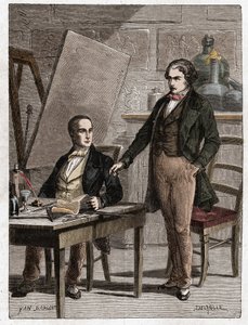 Niepce lendo para Louis Daguerre a descrição da Heliografia, para a fixação de imagens da câmera obscura - Nicephore Niepce (1765-1833), inventor francês, pioneiro da leitura fotográfica para Daguerre a descrição do seu método para a fixação de i de Unknown artist
