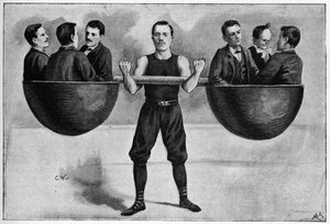 Nino jovem italiano de 24 anos de idade no circo de inverno carregando seis homens no braço. A partir de uma foto de 1898. de Unknown artist
