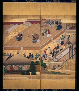 Noh Jogar: Funa Benkei (tinta, cores e ouro sobre papel, ecrã de seis painéis) de Unknown artist