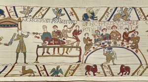 Os criados normandos preparam um banquete para William e o Bispo Odo abençoa a refeição, Bayeux Tapestry (bordado de lã em linho) de Unknown artist