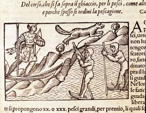 Caçadores noruegueses em movimento através de esquis. gravura de Olaus Magnus (1490 - 1557), religioso e geógrafo sueco, "Historia de Gentis Septentrionalibus", Veneza de Unknown artist