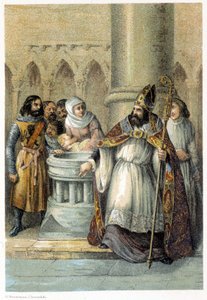 Notger (930 - 1008), eveque de Liège, durante o batismo de Otton III (980-1002), Rei da Alemanha. Cromolitografia do século XIX. de Unknown artist