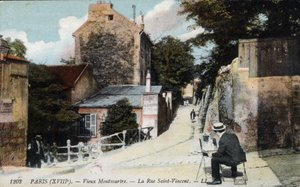 Montmartre antigo: um pintor na rua São Vicente. Em laranja o cabaret "O Coelho Ágil" - Postal, deb. Século XX. de Unknown Artist