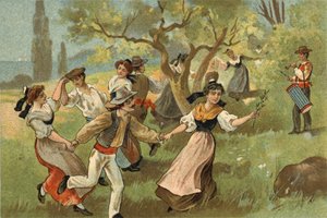 Antigo costume celebrado na região da Provença: o farandole para os festivais de colheita do bicho-da-seda. Cromolitografia do final do século XIX. de Unknown artist