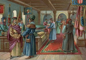 Antigos centros comerciais: salão de linho em Bruges, Bélgica, no século XV. Cromolitografia do final do século XIX de Unknown artist