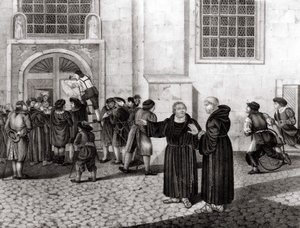 Em 31/10/1517, Lutero afixou nos portões do Castelo de Wittenberg suas 95 teses "denunciando a venda de indulgências e que marcaram o início da Reforma - grav. de Unknown artist