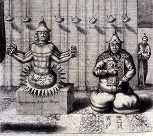 À esquerda, a divindade hindu tem oito braços, à direita Amida, Buda japonês. "De China Monumenta", de Athanasius Kircher (1601 - 1680), jesuíta, orientalista e erudito alemão, Amsterdam 1667. de Unknown artist
