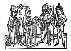À esquerda: o bispo, o papa, o imperador e o nobre cavaleiro. Os principais representantes das classes sociais da era feudal. Gravura de "Leben der Heiligen - sommerteil" (O livro do santo) de Jacobus (Tiago) de Voragine (1228-1298). Lu de Unknown artist