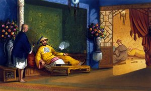 Fumaria de ópio na China, gravada por volta de 1830. de Unknown artist