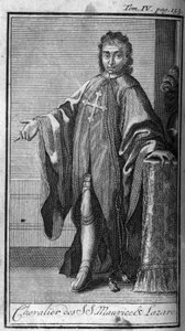 Ordens de Cavalaria. Cavaleiro de São Maurício e Lázaro em Sabóia, no século XVI. Na "História das ordens militares ou cavaleiros, dos seculieres e milícias regulares de ambos os sexos, que foram estabelecidas até agora". Edição tirada de Abbe Giustinian de Unknown artist