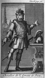 Ordens de Cavalaria. Cavaleiro do Cordeiro de Deus. Na "História das ordens militares ou cavaleiros, das milícias seguras e rotineiras de ambos os sexos, que foram estabelecidas até agora". Edição tirada de Abbe Giustiniani, R.P.Bonani, M. Herman, Schooneb de Unknown artist